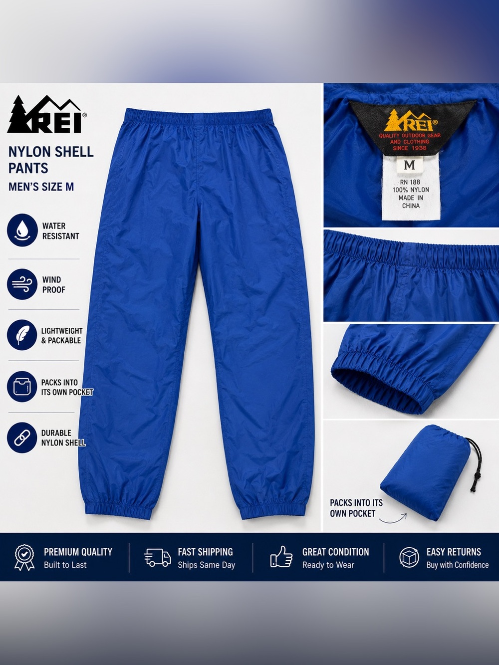 REI Blue Nylon Rain Pants Mens small  Full Zip Leg Packable Hiking Outdoor